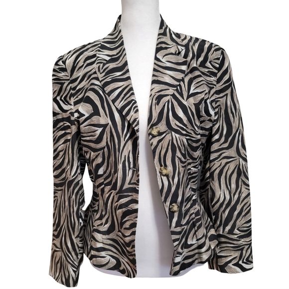 Vintage 100% Silk Anna & Frank Size Small Black Tan Zebra Animal Print Blazer - Picture 4 of 6